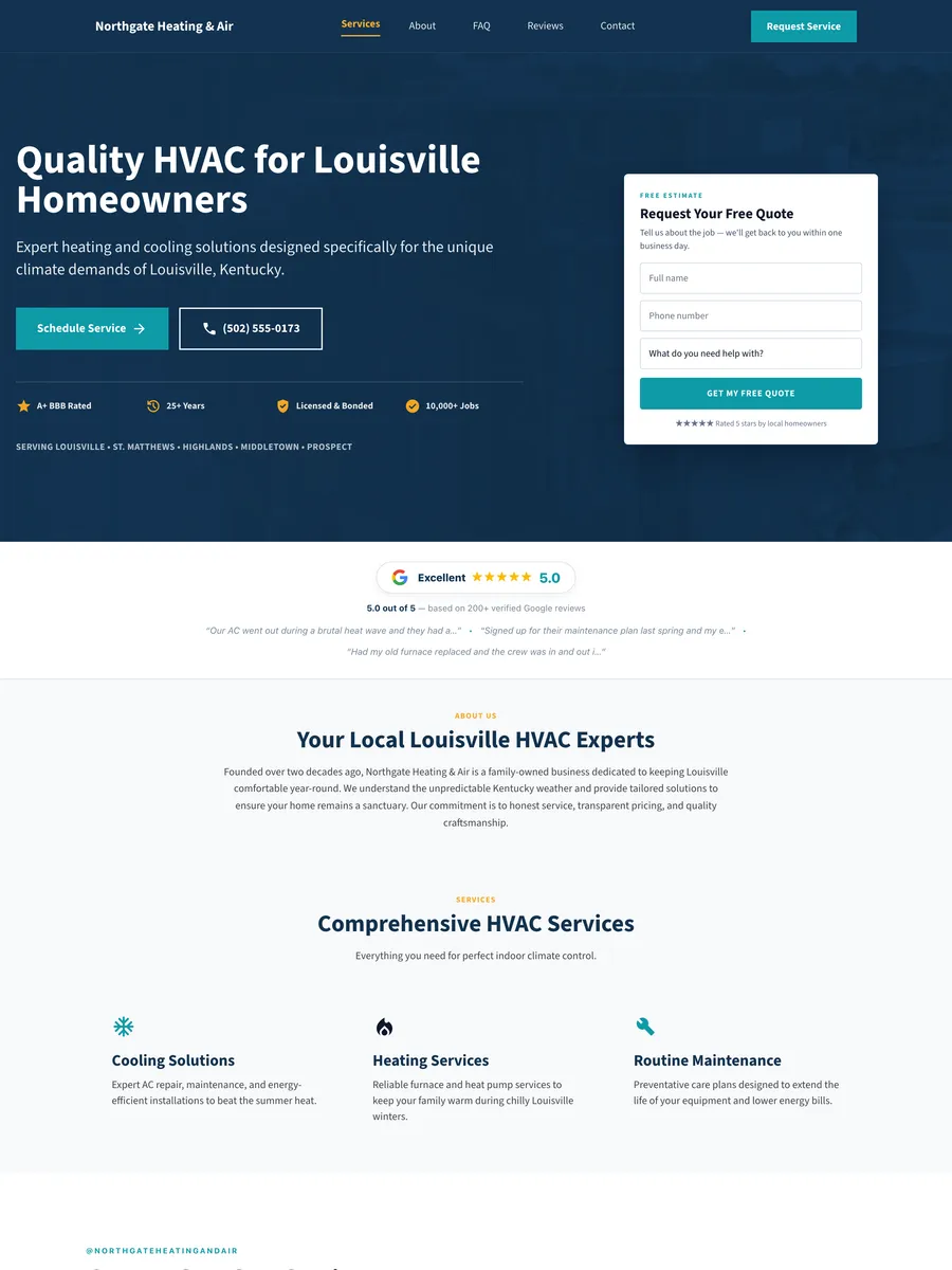 Example homepage design for an HVAC company, showing emergency service and maintenance plans. A demonstration of what we build, not a live customer site.