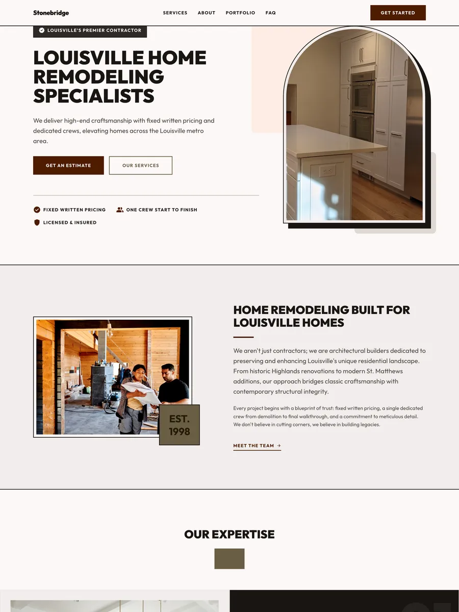 Example homepage design for a home remodeling contractor, showing finished project work and a quote request. A demonstration of what we build, not a live customer site.