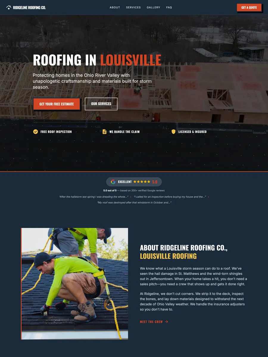 Example homepage design for a roofing company, showing storm response and the claims question above the fold. A demonstration of what we build, not a live customer site.