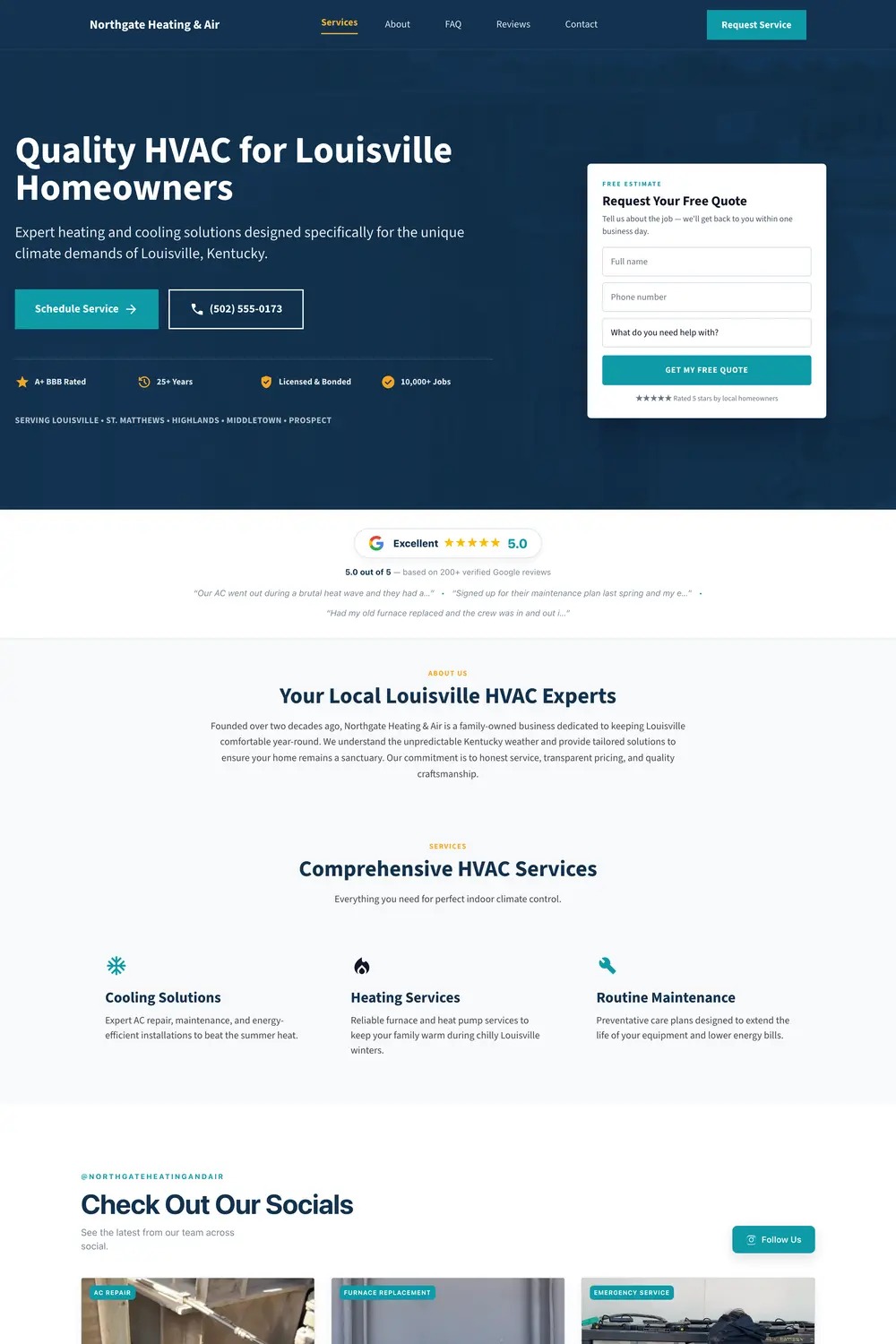 Example homepage design for an HVAC company, showing emergency service and maintenance plans. A demonstration of what we build, not a live customer site.