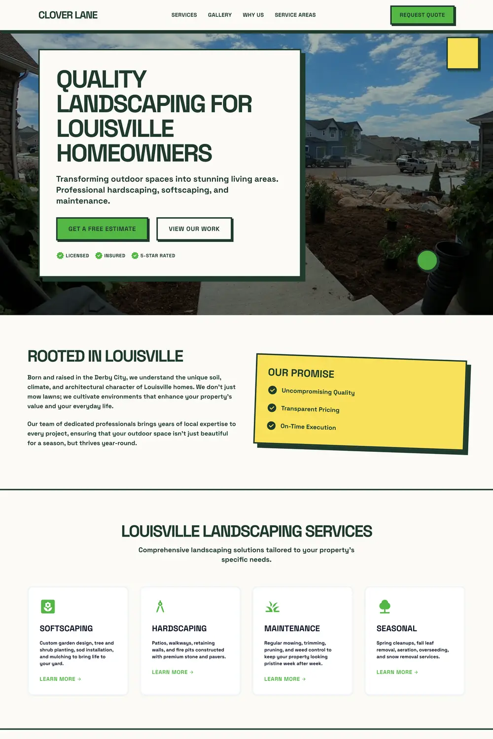 Example homepage design for a landscaping company, showing finished project photography and a booking form. A demonstration of what we build, not a live customer site.