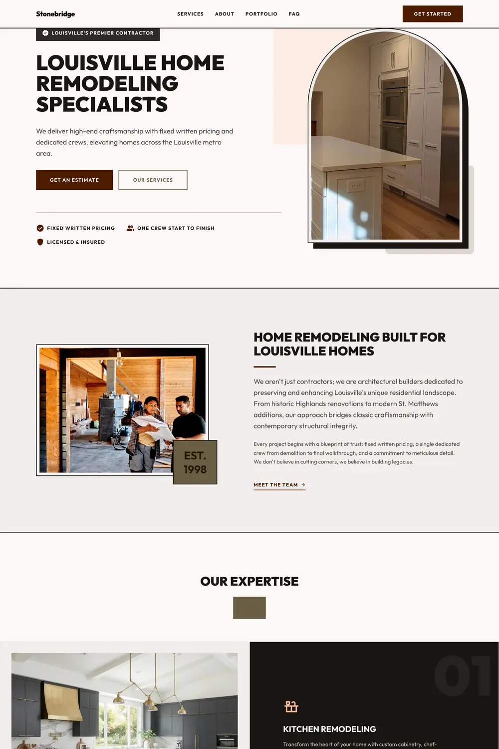 Example homepage design for a home remodeling contractor, showing finished project work and a quote request. A demonstration of what we build, not a live customer site.