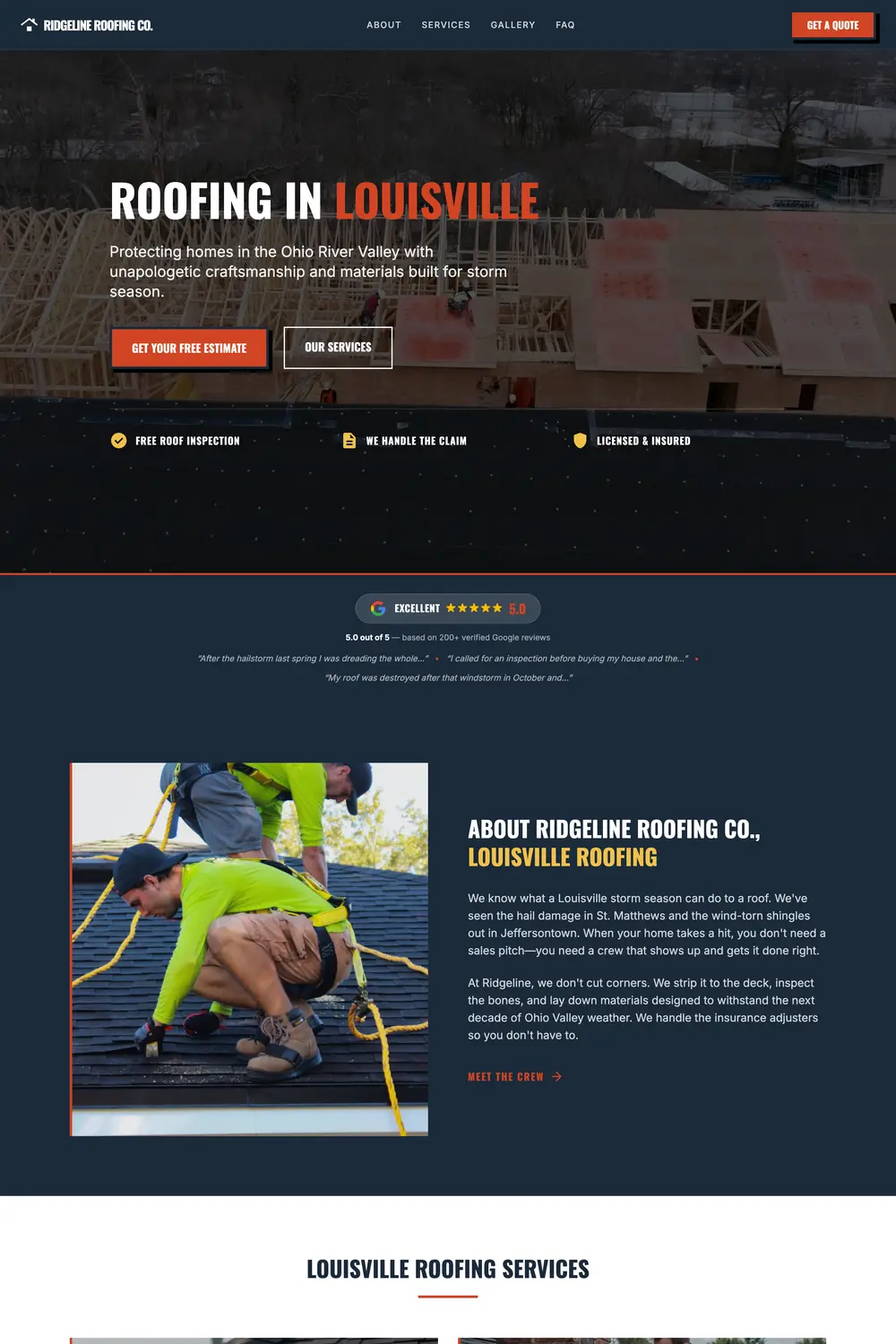 Example homepage design for a roofing company, showing storm damage response and a contact form high on the page. A demonstration of what we build, not a live customer site.