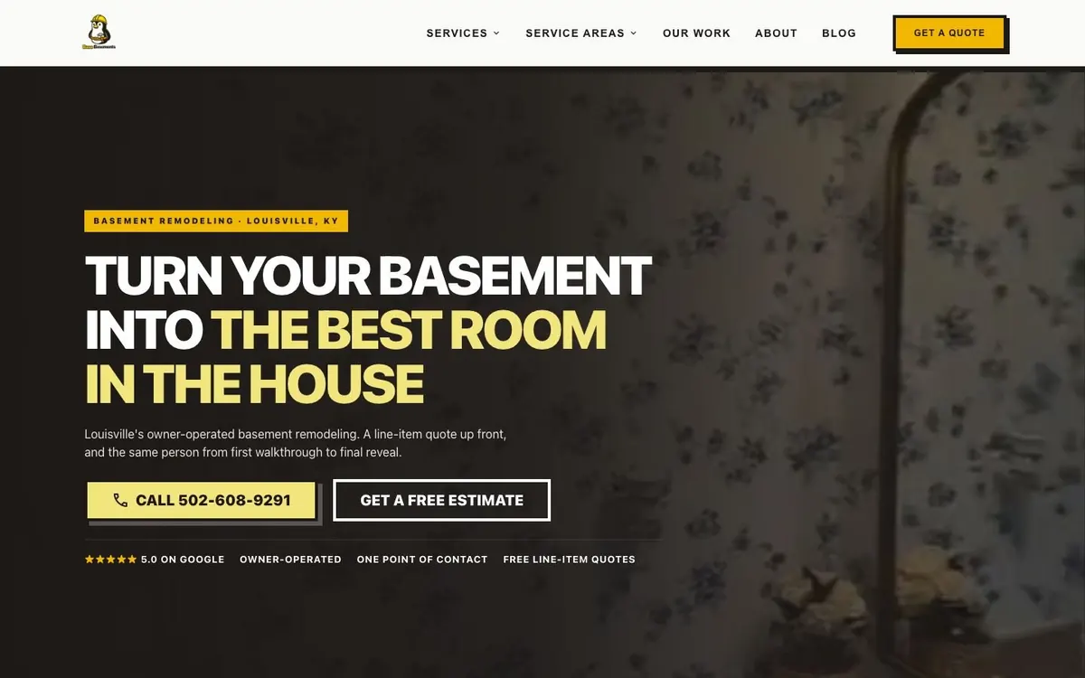 Base Basements website, a live site we built for a basement remodeling business in Louisville, KY