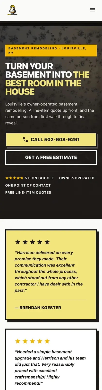 Base Basements homepage after the redesign, on a phone