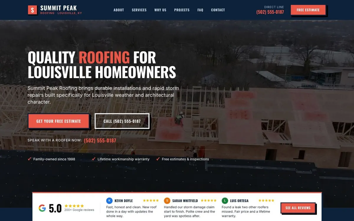 Sample free homepage for a Louisville roofer