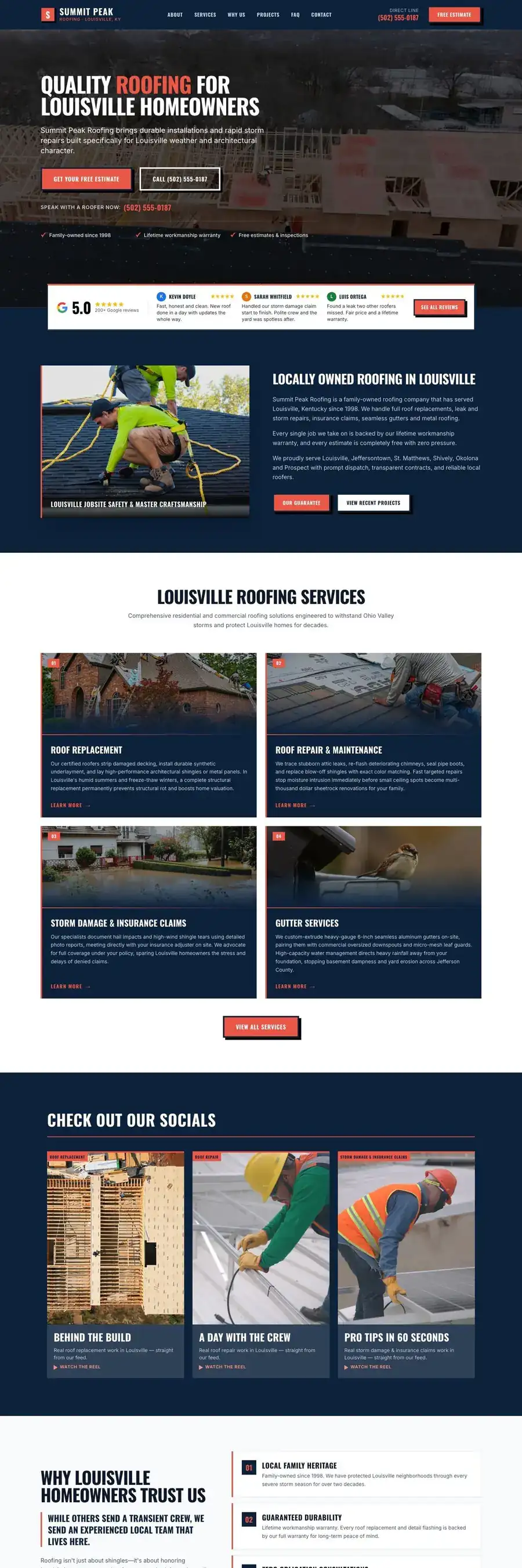 Sample free homepage for a Louisville roofing company